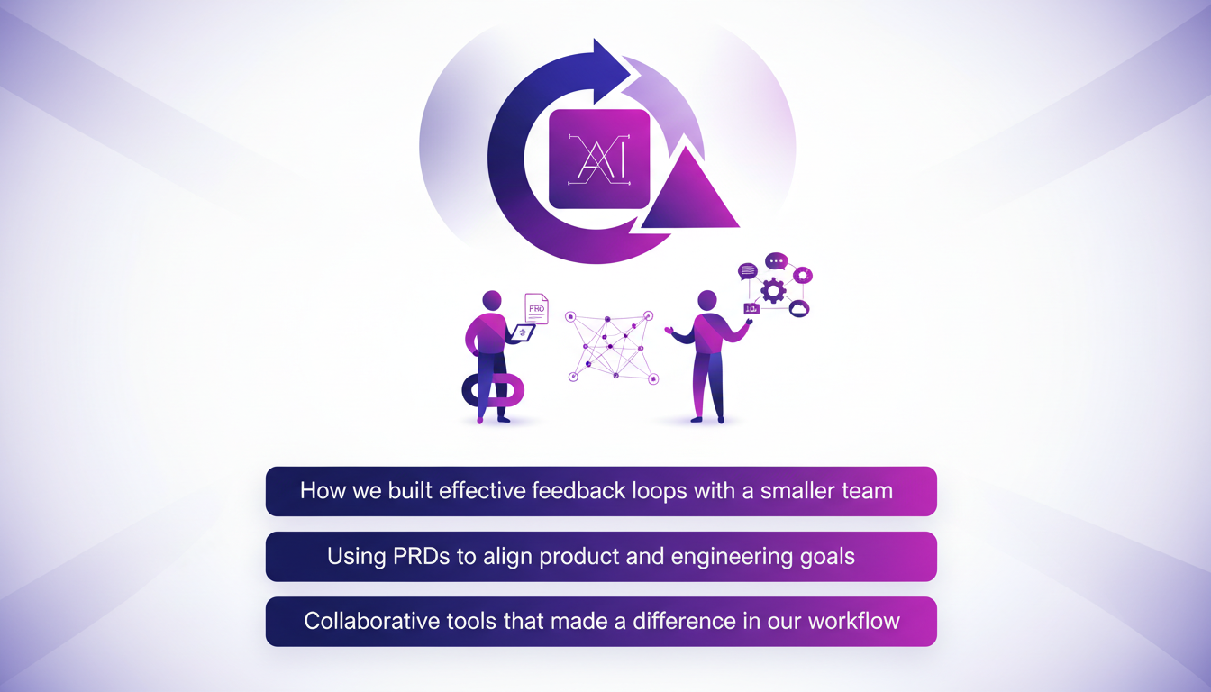 Modern illustration of feedback loops and collaboration, featuring geometric shapes and collaborative tools in indigo and violet hues