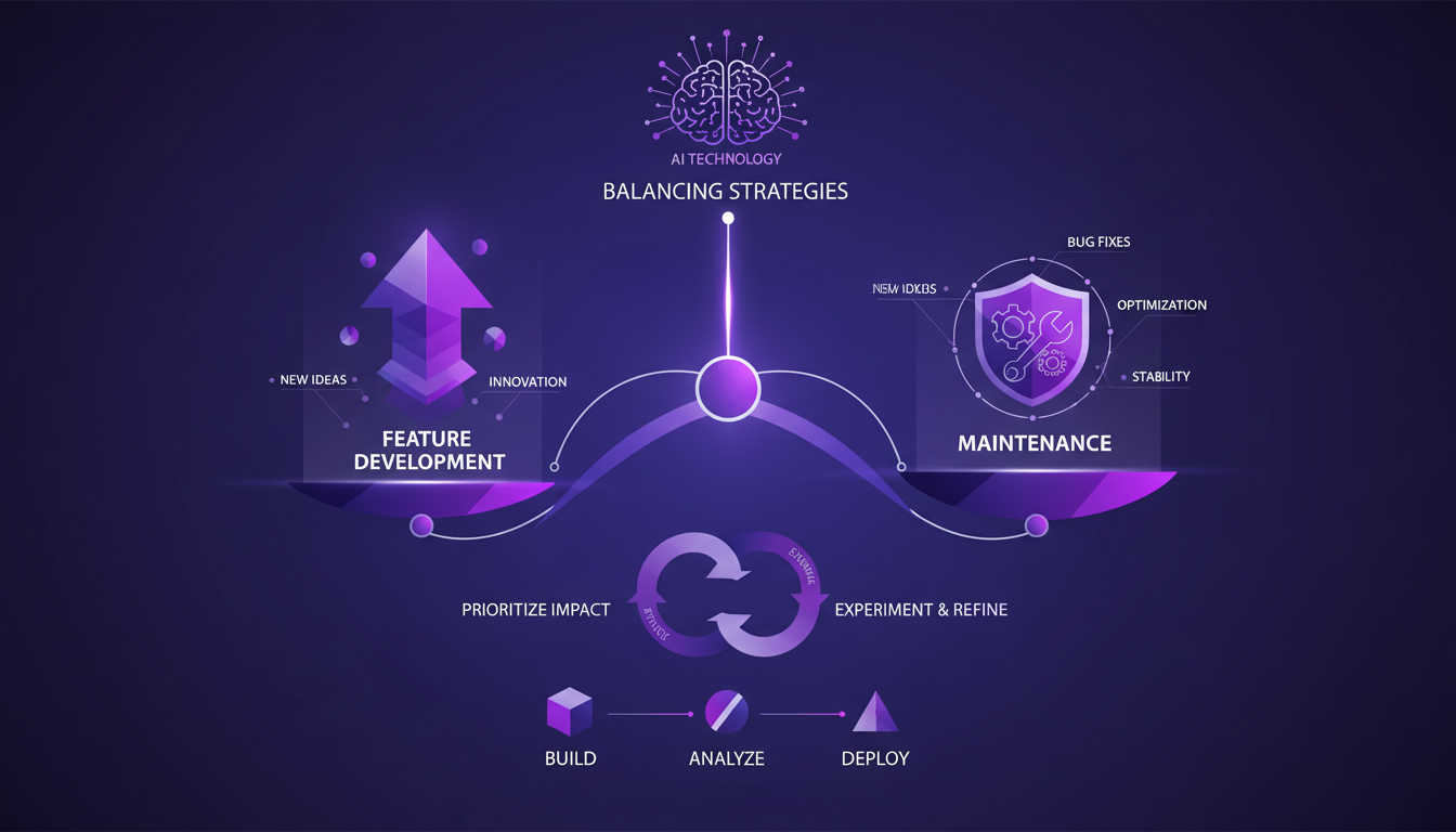 Modern illustration depicting balancing feature development and maintenance, featuring geometric shapes and violet gradients, suitable for AI tech blog