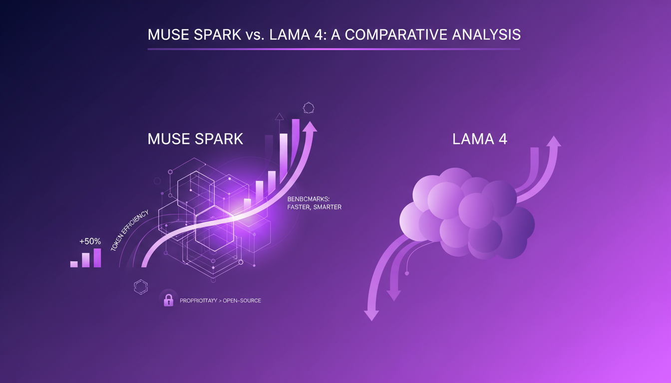 Modern minimalist illustration comparing Muse Spark and Lama 4, highlighting Muse Spark's superior performance and efficiency in AI benchmarks.