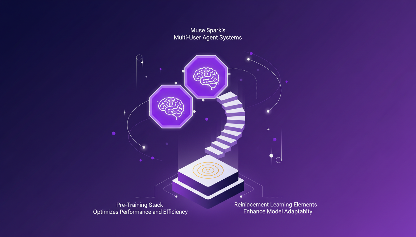 Modern illustration depicting Muse Spark's technical capabilities and applications with reinforcement learning and performance optimization.