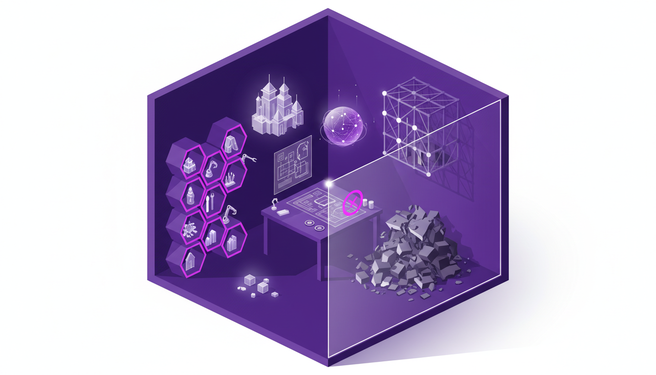 Modern minimalist illustration on miniature art, using geometric shapes and indigo-violet hues to optimize space efficiently.