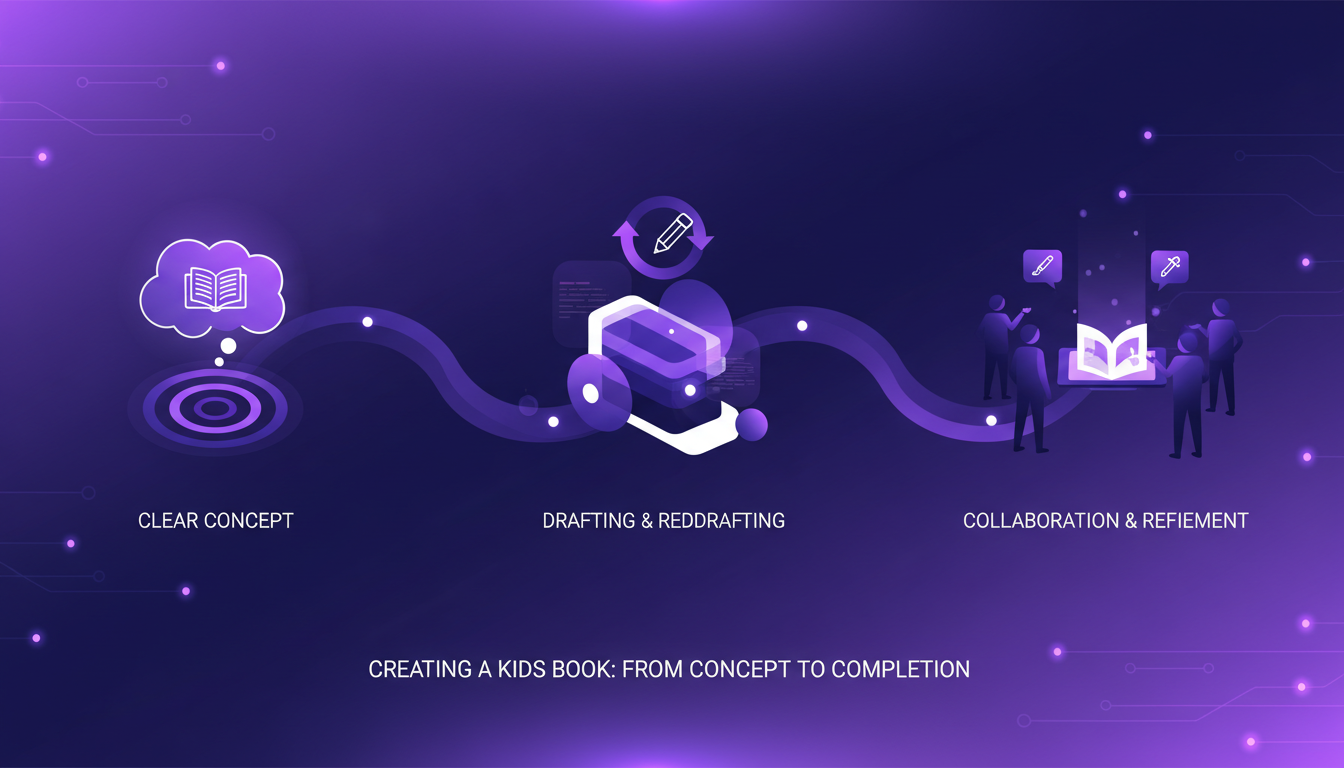 Modern illustration on creating kids books, showcasing concepts and collaboration with illustrators and editors in a minimalist style.