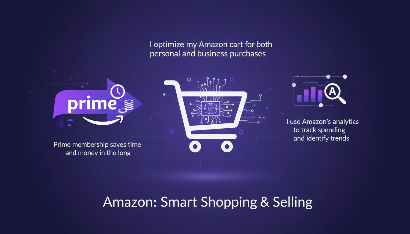 Modern illustration of optimizing Amazon shopping with analytics tools, minimalist style, indigo and violet palette.