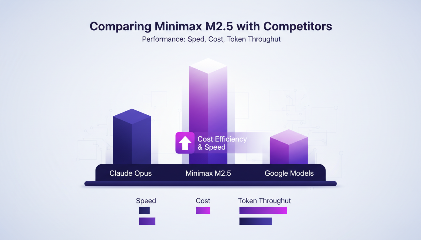 Modern illustration comparing Minimax M2.5, Claude Opus, and Google, highlighting cost efficiency and speed, minimalist style.