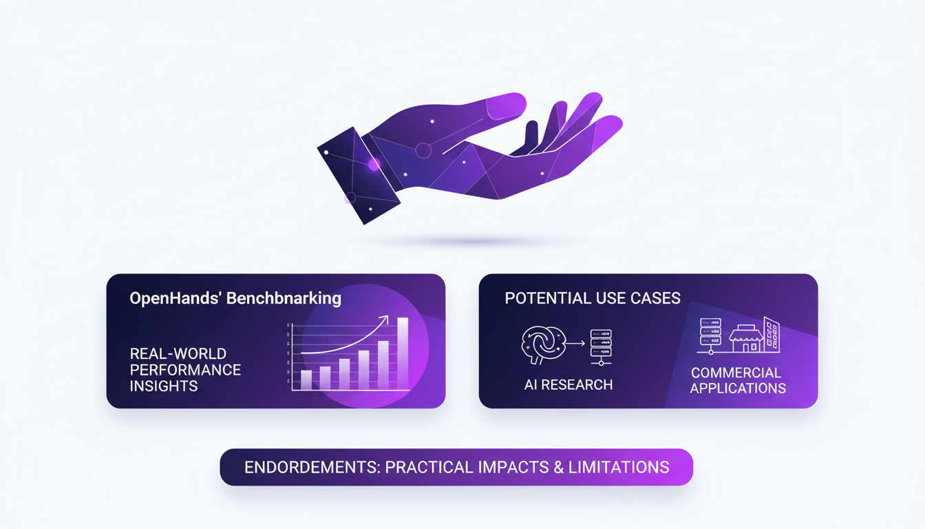Modern illustration of OpenHands benchmarking and AI use cases, featuring geometric shapes and indigo-violet gradients.