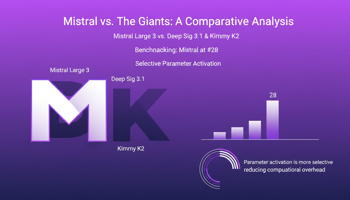 Modern illustration comparing Mistral Large 3, Deep Sig 3.1, and Kimmy K2, highlighting AI performance and efficiency results.