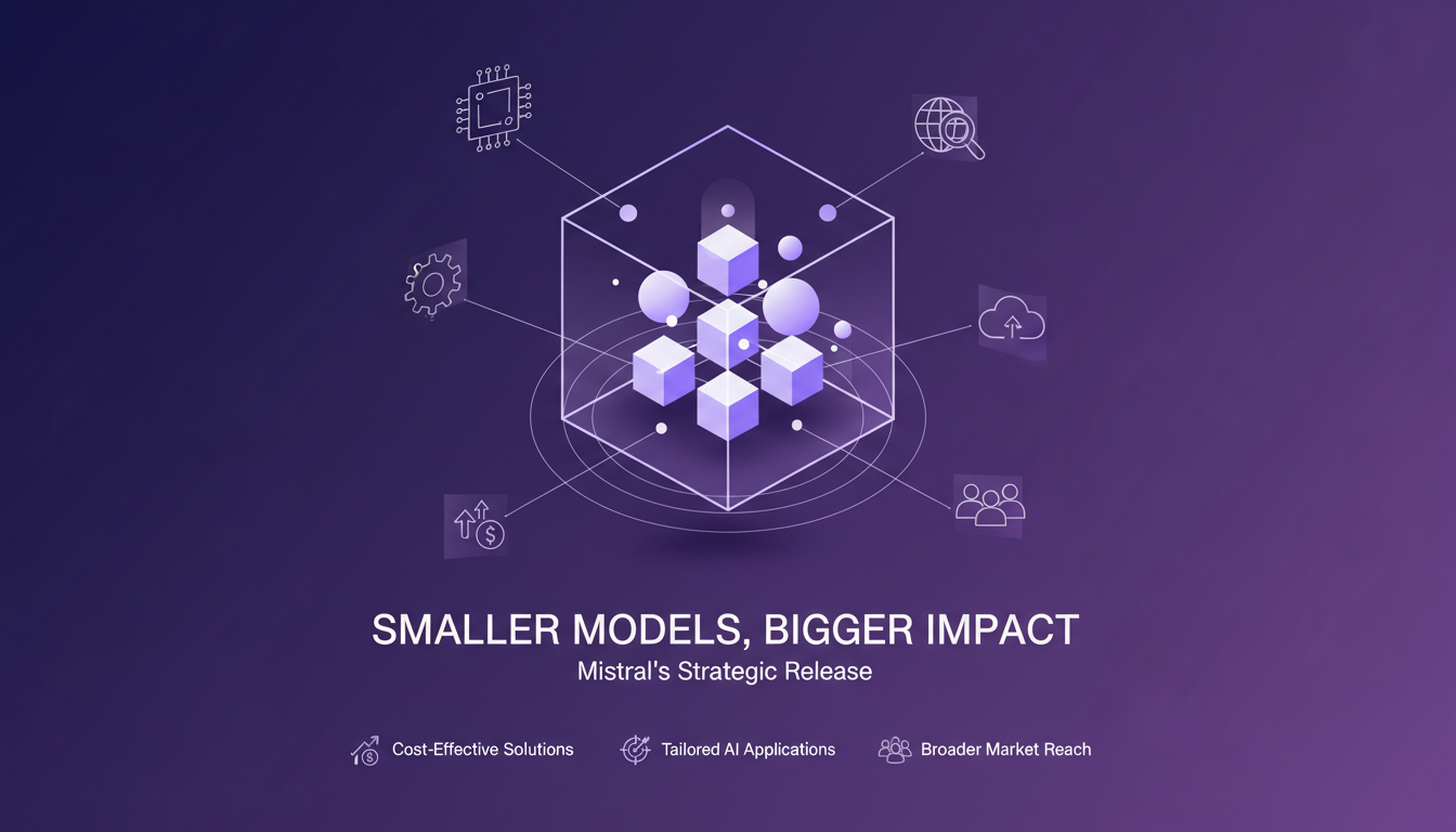 Modern illustration of compact AI models impacting the market with efficiency and performance, featuring indigo and violet colors.