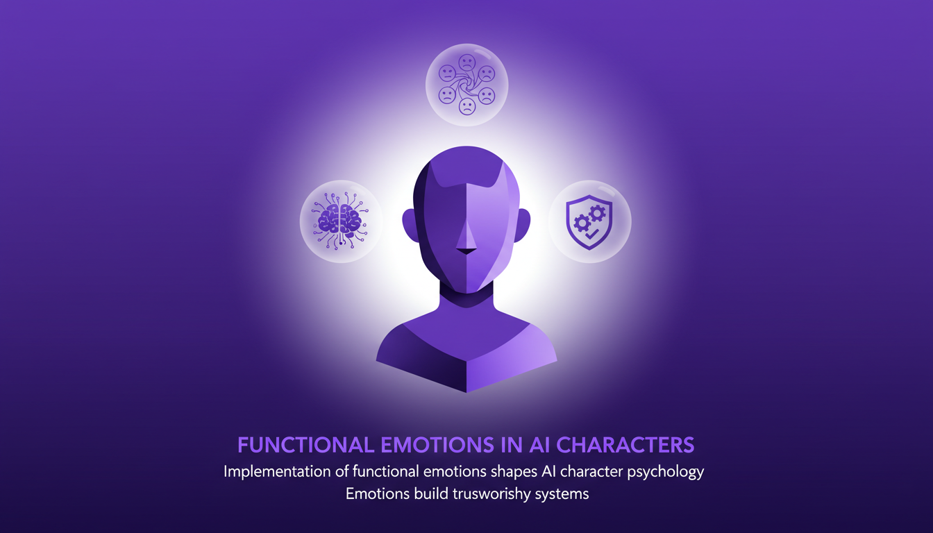 Modern illustration of AI characters with functional emotions, featuring geometric shapes and indigo-violet gradients.