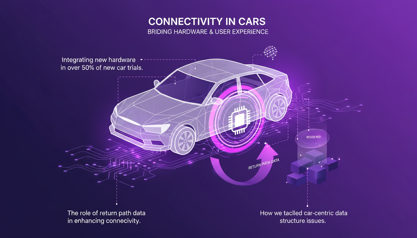 Illustration moderne de la connectivité automobile intégrant du matériel et l'expérience utilisateur avec des formes géométriques et des dégradés.