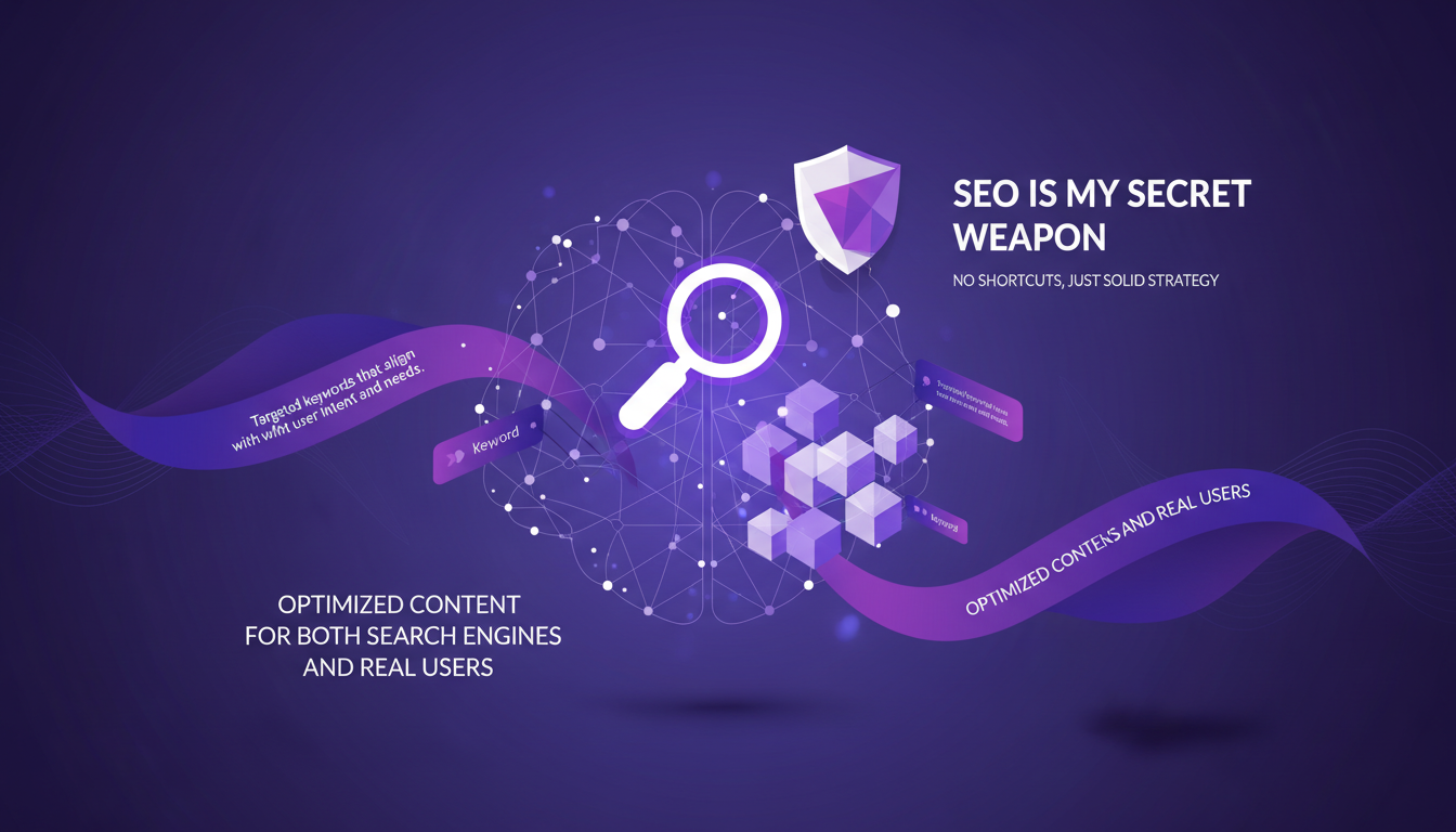 Illustration moderne sur le SEO comme arme secrète pour générer du trafic organique, avec des formes géométriques et des dégradés violets.