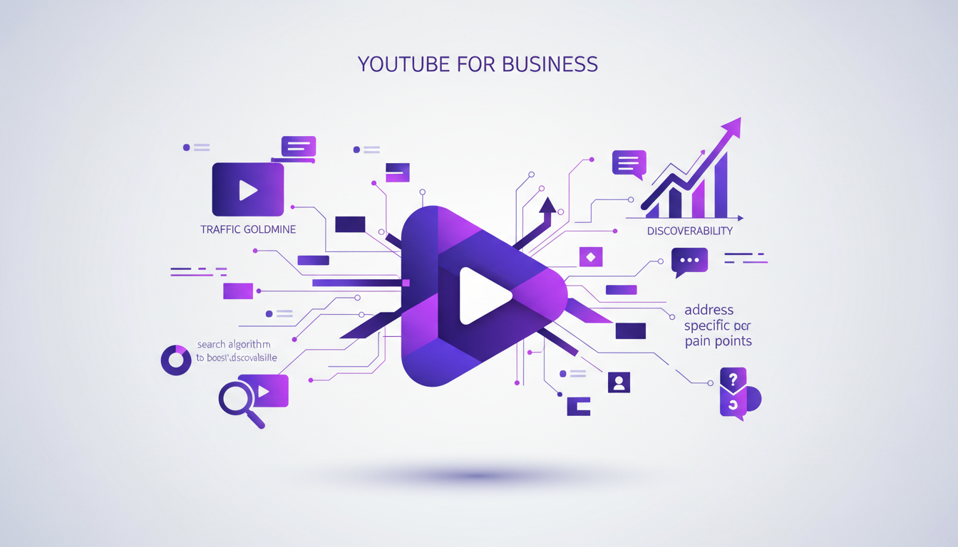 Illustration moderne de la croissance d'entreprise via YouTube, avec des formes géométriques et des dégradés indigo et violet.