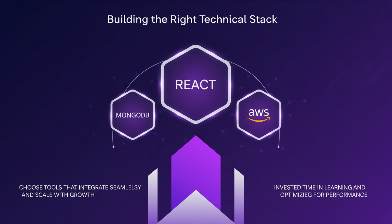 Illustration moderne de la pile technologique idéale avec React, MongoDB et AWS, optimisée pour évolutivité et performance.
