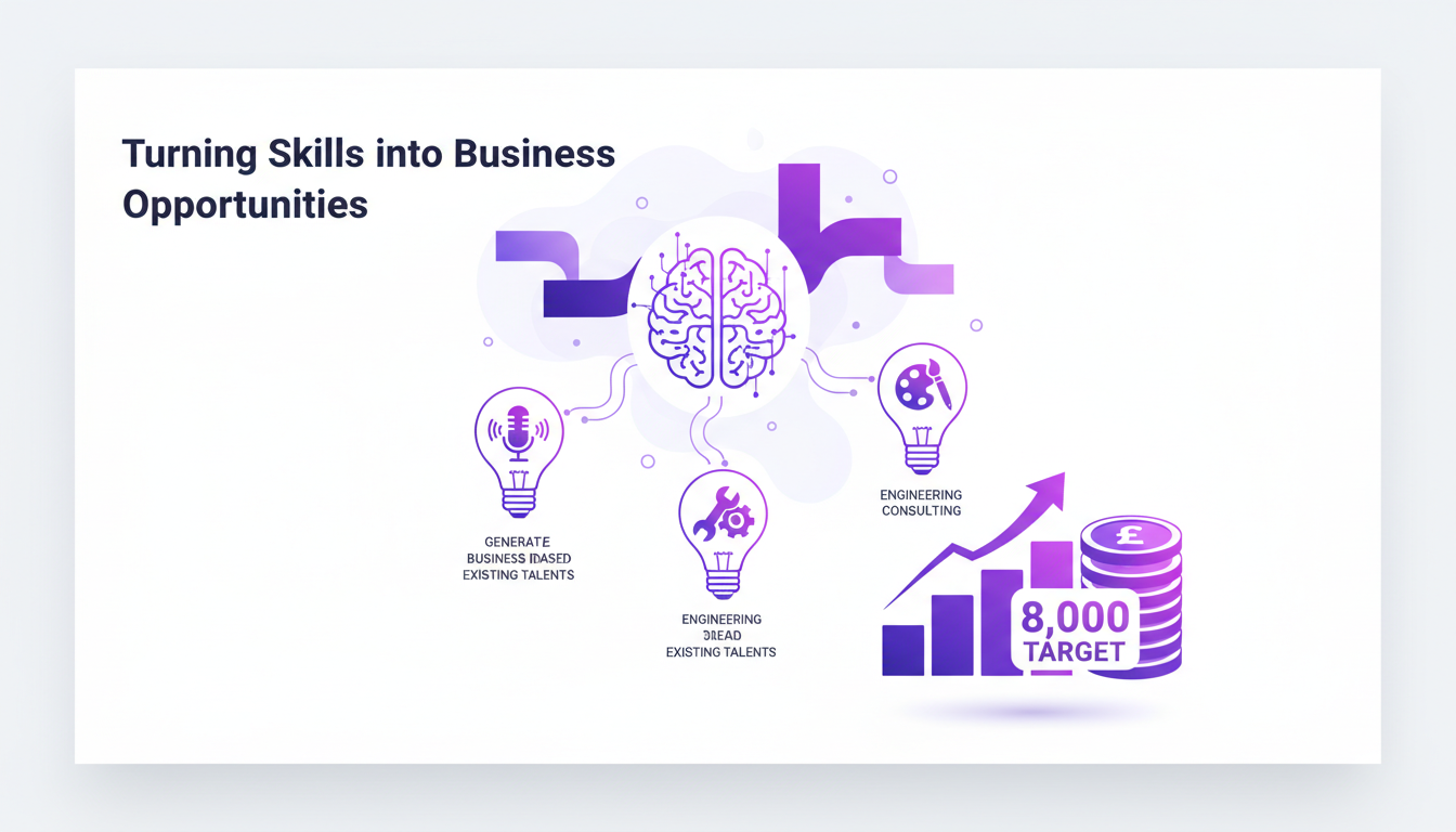 Illustration moderne d'opportunités d'affaires à partir de compétences, avec des formes géométriques et des dégradés indigo et violet.