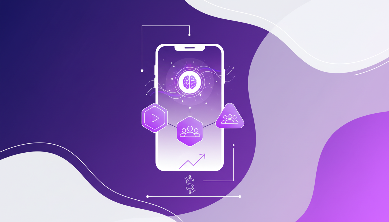 Illustration moderne de la monétisation sur TikTok avec des formes géométriques et dégradés violets, symbolisant l'innovation et l'approche professionnelle.