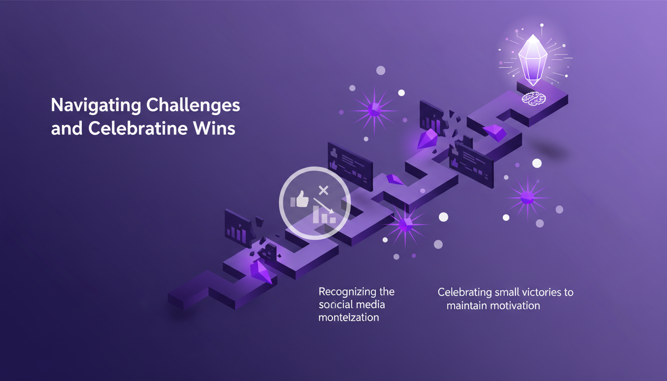 Illustration moderne montrant un entrepreneur surmontant des défis, célébrant des victoires, avec des formes géométriques et des dégradés indigo et violet.