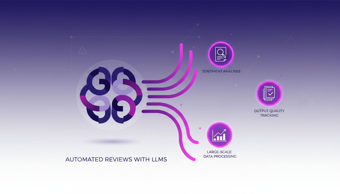 Modern illustration depicting automated reviews with LLMs, featuring geometric shapes and indigo-violet gradients, highlighting AI efficiency.