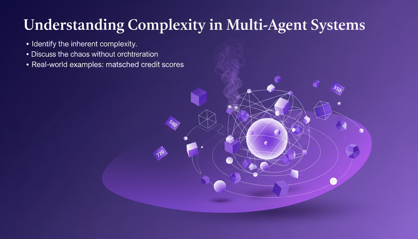 Modern minimalist illustration of multi-agent systems, depicting complexity and potential chaos with geometric shapes and gradient overlays.