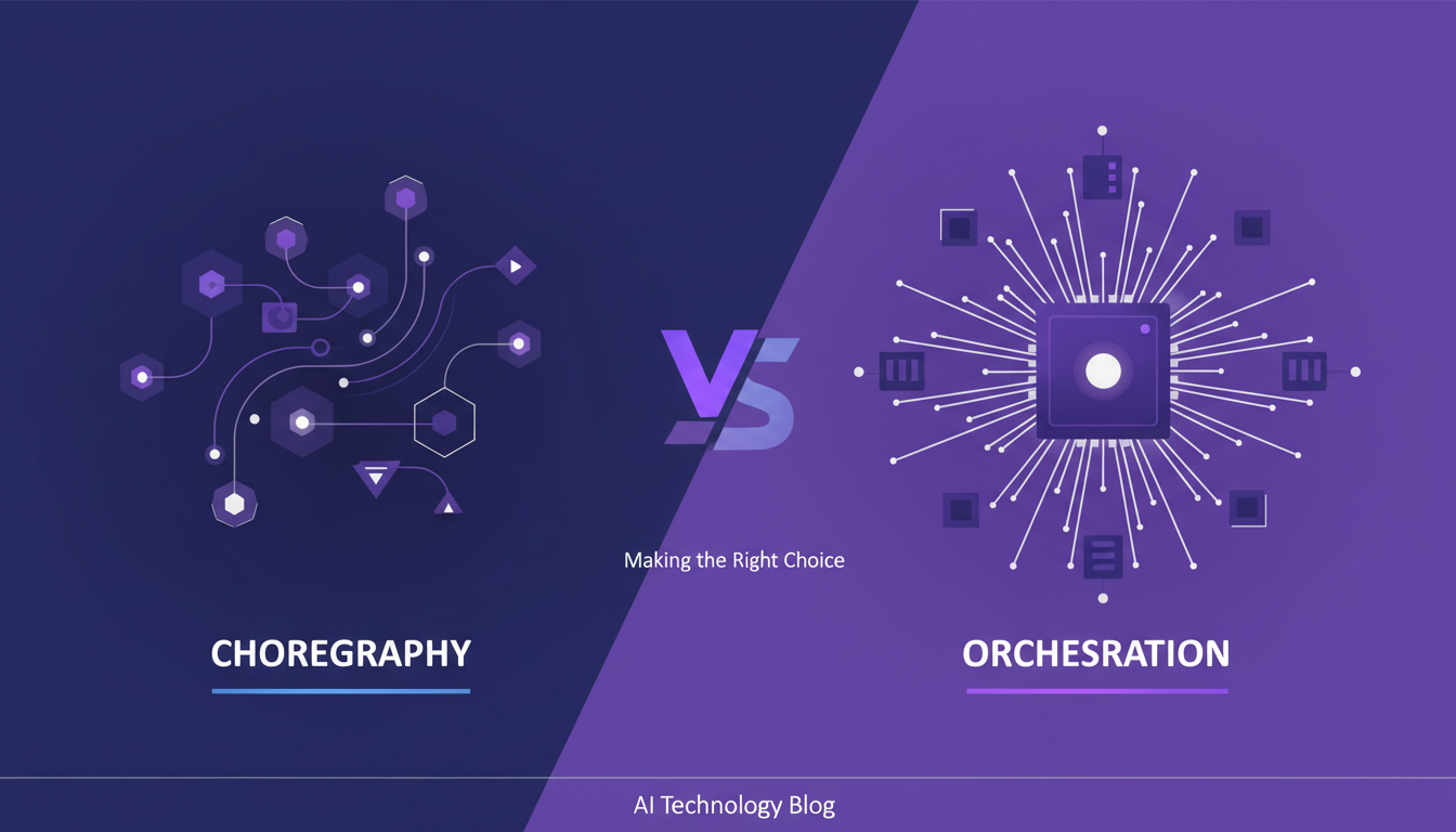 Modern minimalist illustration of choreography vs orchestration in AI tech, geometric shapes, indigo and violet gradients.