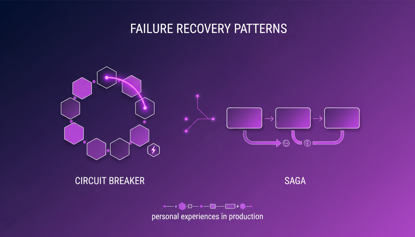 Modern illustration of failure recovery patterns: Circuit Breaker and Saga with geometric shapes and violet gradients.