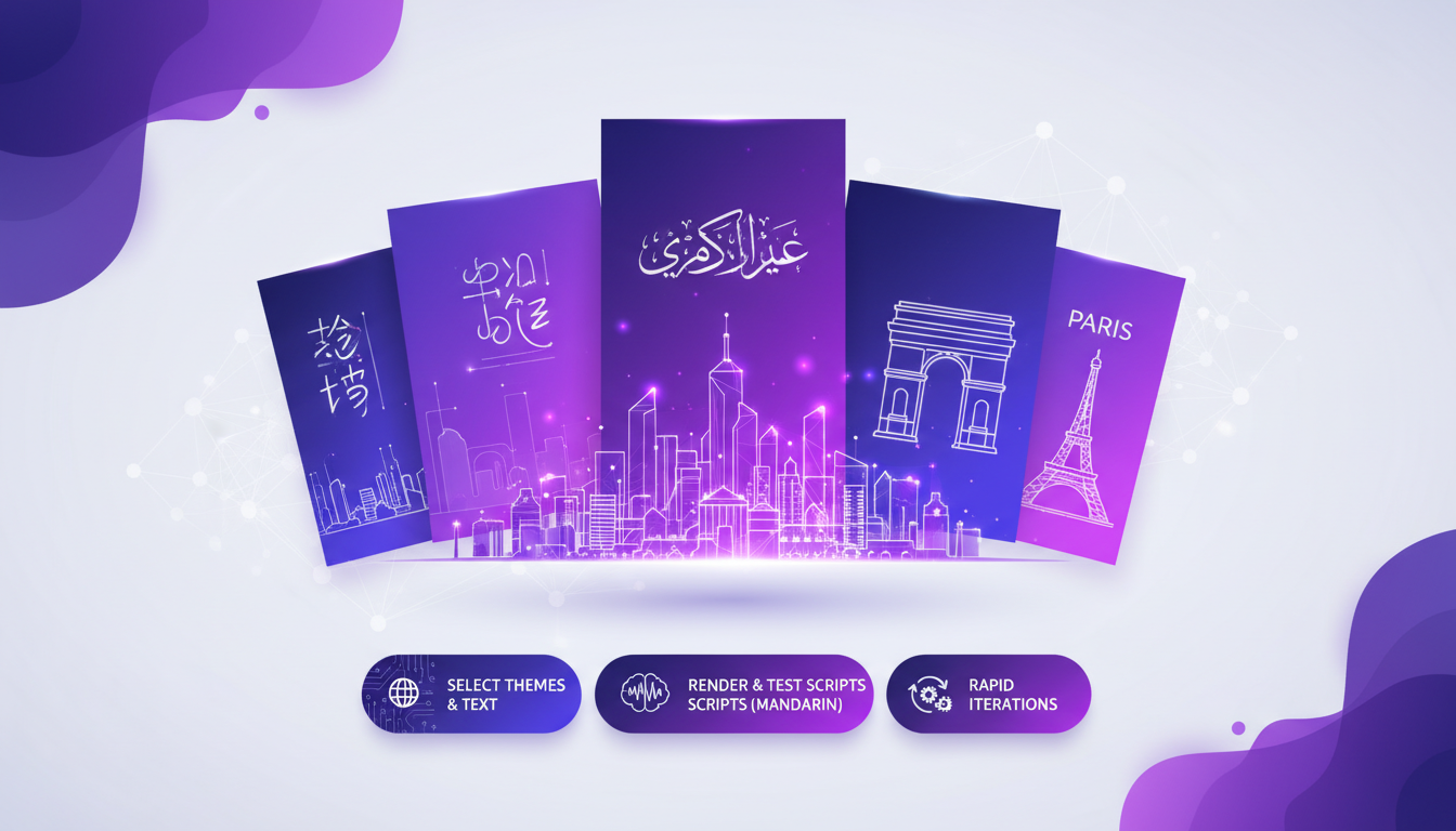 Illustration moderne de création d'affiches de ville multilingues avec IA, utilisant des thèmes urbains et textes en mandarin, indigo et violet.