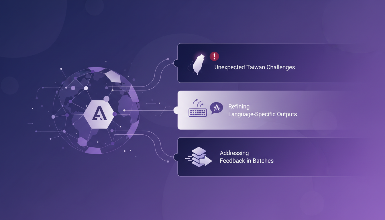 Illustration moderne minimaliste sur l'intégration des retours d'utilisateurs de différentes régions, avec des formes géométriques et des dégradés violets.