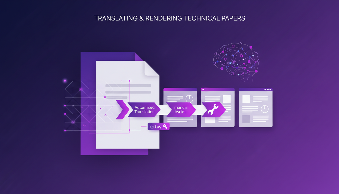 Illustration moderne de la traduction et rendu de papiers techniques, avec formes géométriques et dégradés indigo-violet, symbolisant l'innovation AI.