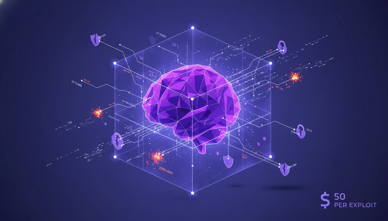 Illustration moderne de Mythos découvrant des vulnérabilités critiques en cybersécurité avec IA, utilisant des formes géométriques et des dégradés violets.