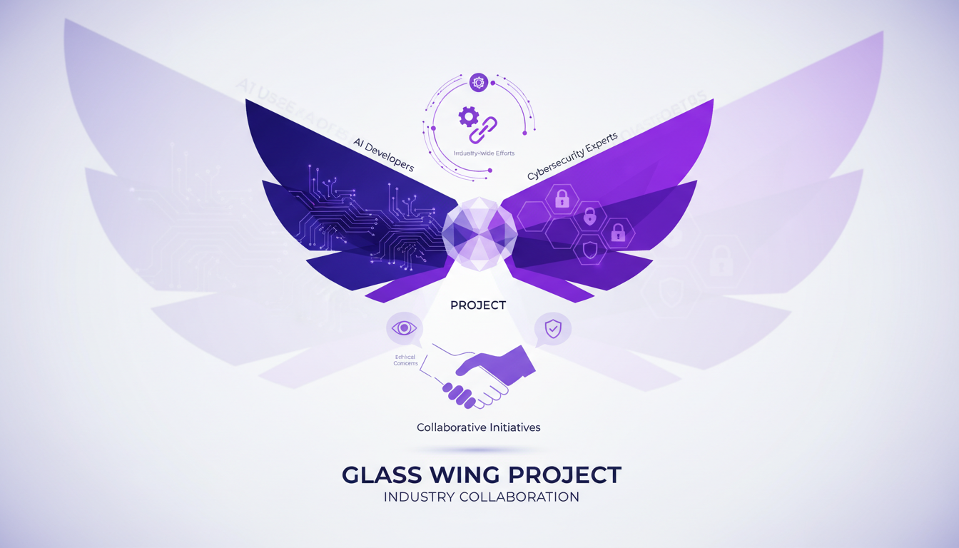 Illustration moderne du projet Glass Wing, collaboration entre développeurs IA et experts cybersécurité avec formes géométriques et dégradés.