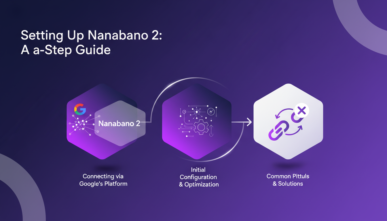 Illustration moderne de la configuration de Nanabano 2, guide étape par étape avec des formes géométriques et des dégradés indigo et violet.