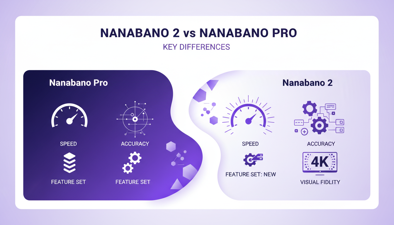 Illustration moderne comparant Nanabano 2 et Nanabano Pro, soulignant la vitesse, précision, nouvelles fonctionnalités et résolution 4K.