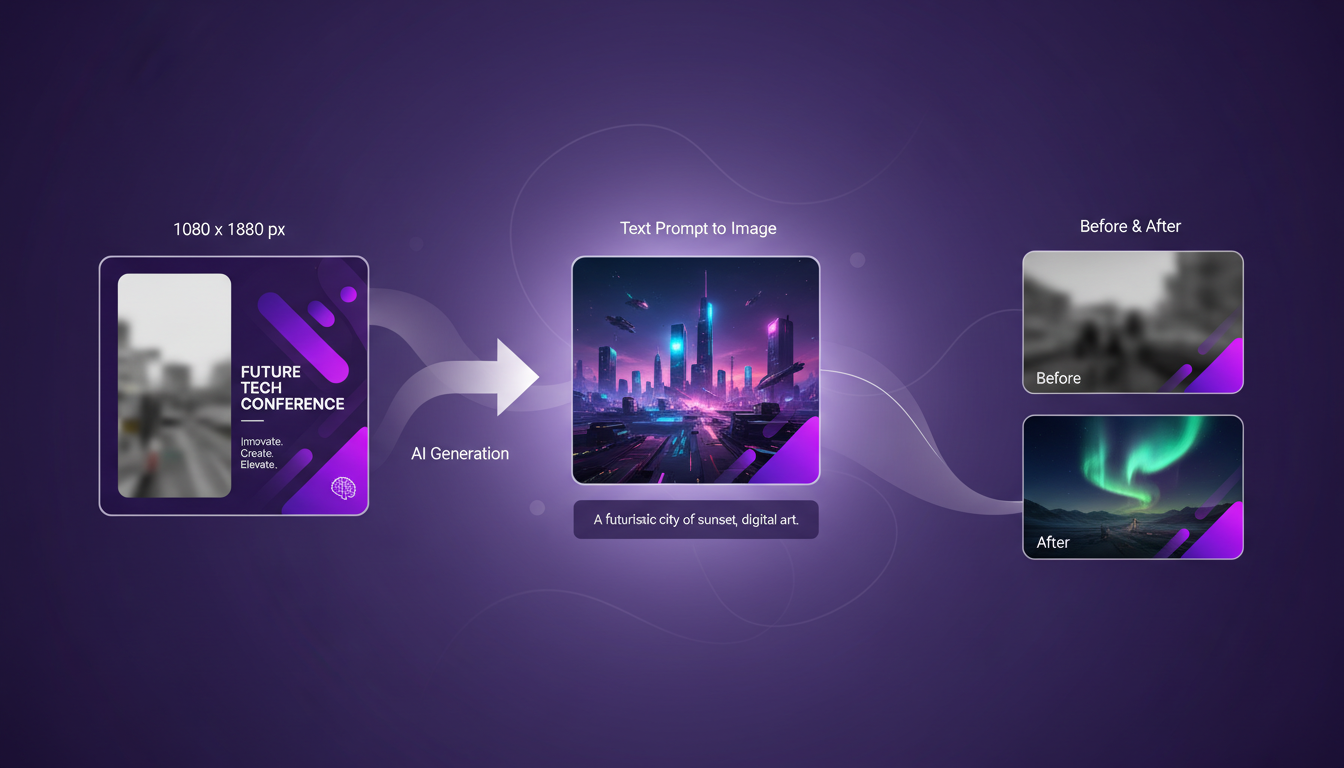 Illustration moderne d'édition d'images avec IA, montrant des annonces sur les réseaux sociaux et des images générées à partir de textes, palette indigo et violet.