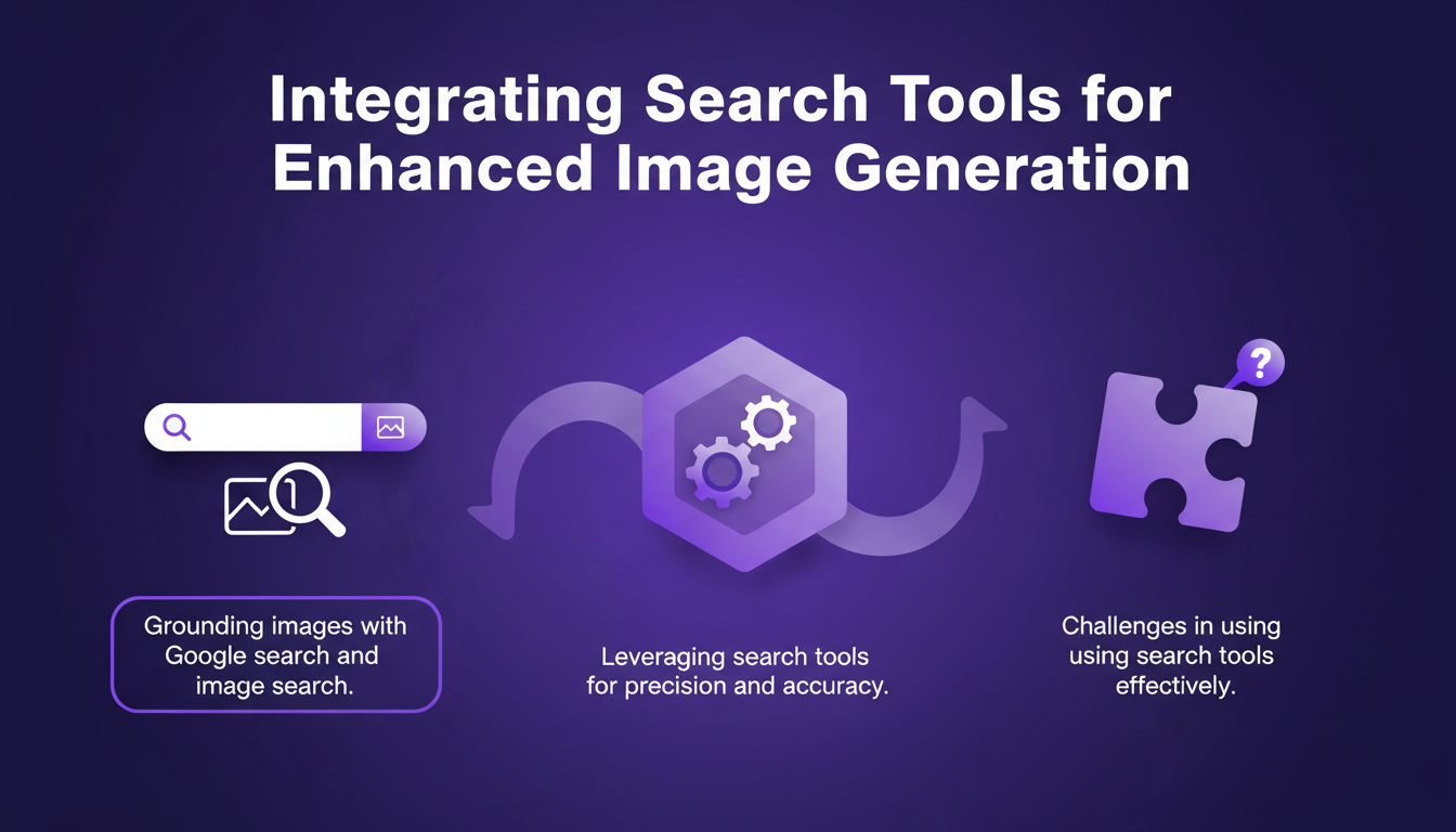 Illustration moderne intégrant des outils de recherche pour générer des images, utilisant des formes géométriques et des dégradés indigo et violet.