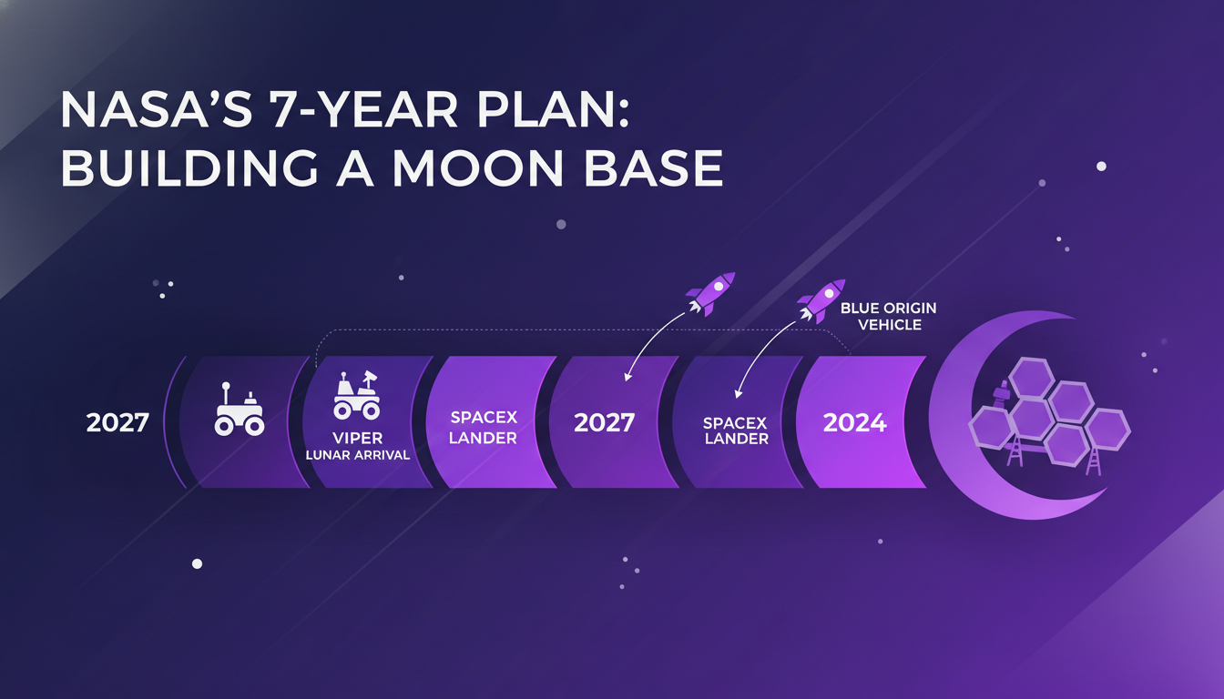Illustration moderne du plan de 7 ans de la NASA pour une base lunaire, avec Viper en 2027, SpaceX et Blue Origin, en indigo et violet.