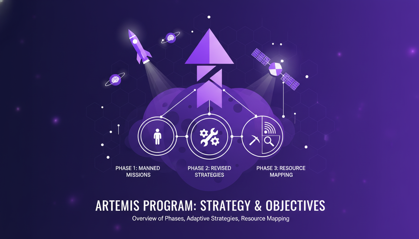Illustration moderne du programme Artemis, stratégie et objectifs, avec des formes géométriques et dégradés violets.
