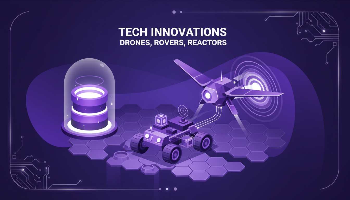 Illustration moderne de drones lunaires, rovers et réacteurs pour innovations technologiques, avec systèmes de propulsion et générateurs thermoélectriques.