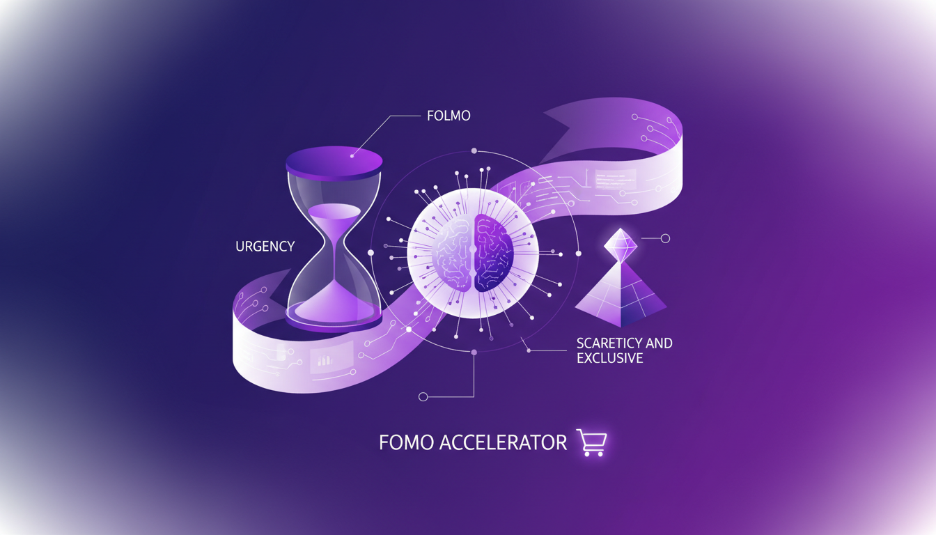 Modern illustration on harnessing FOMO in sales, featuring geometric shapes and gradients, symbolizing urgency and exclusivity.