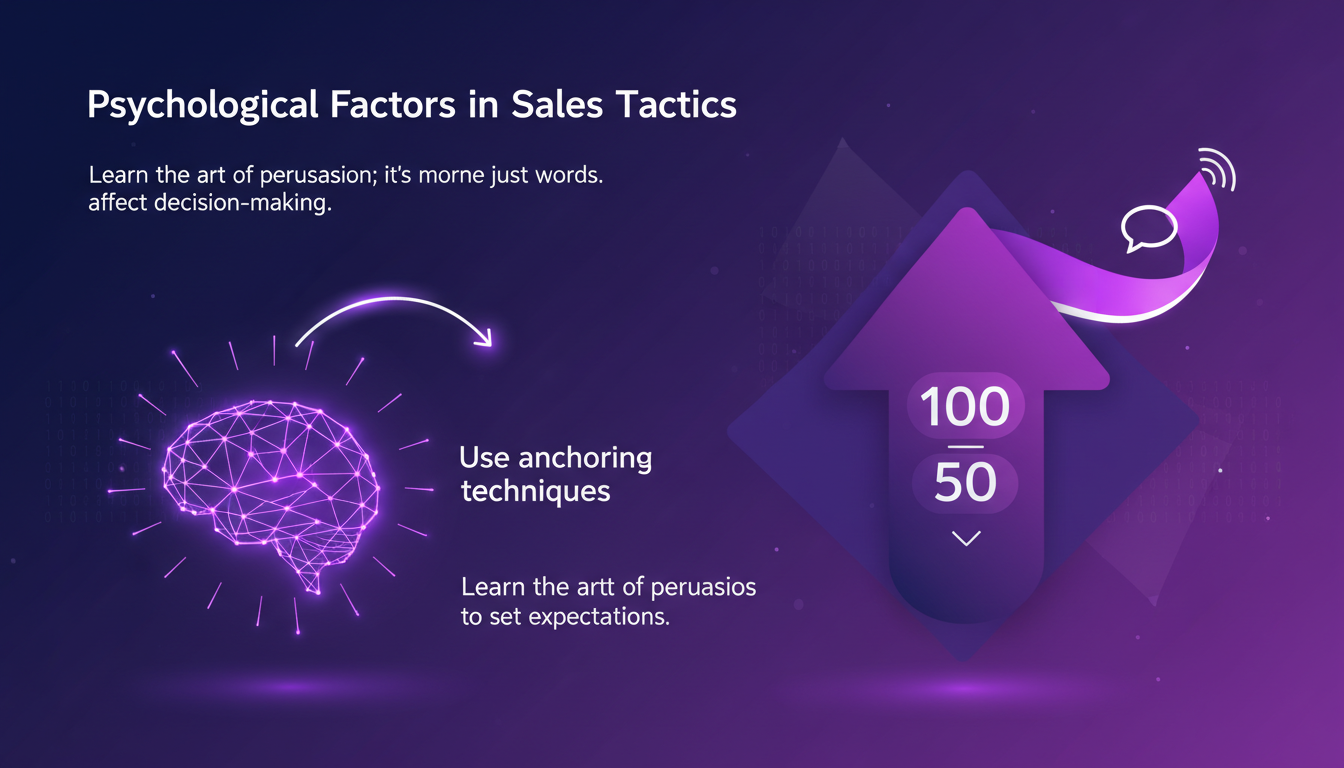 Modern illustration of psychological factors in sales tactics, featuring geometric shapes and violet gradients.