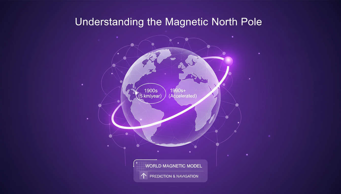 Illustration moderne du pôle nord magnétique mouvant, utilisant des formes géométriques et un dégradé indigo-violet, pour un article sur son déplacement accéléré.