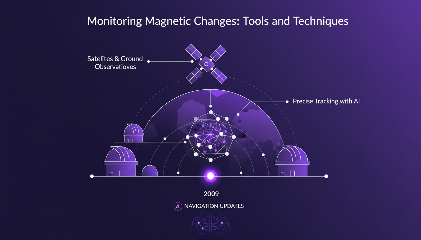 Illustration moderne des outils de suivi des changements magnétiques, utilisant des satellites et observatoires, avec des formes géométriques et dégradés.