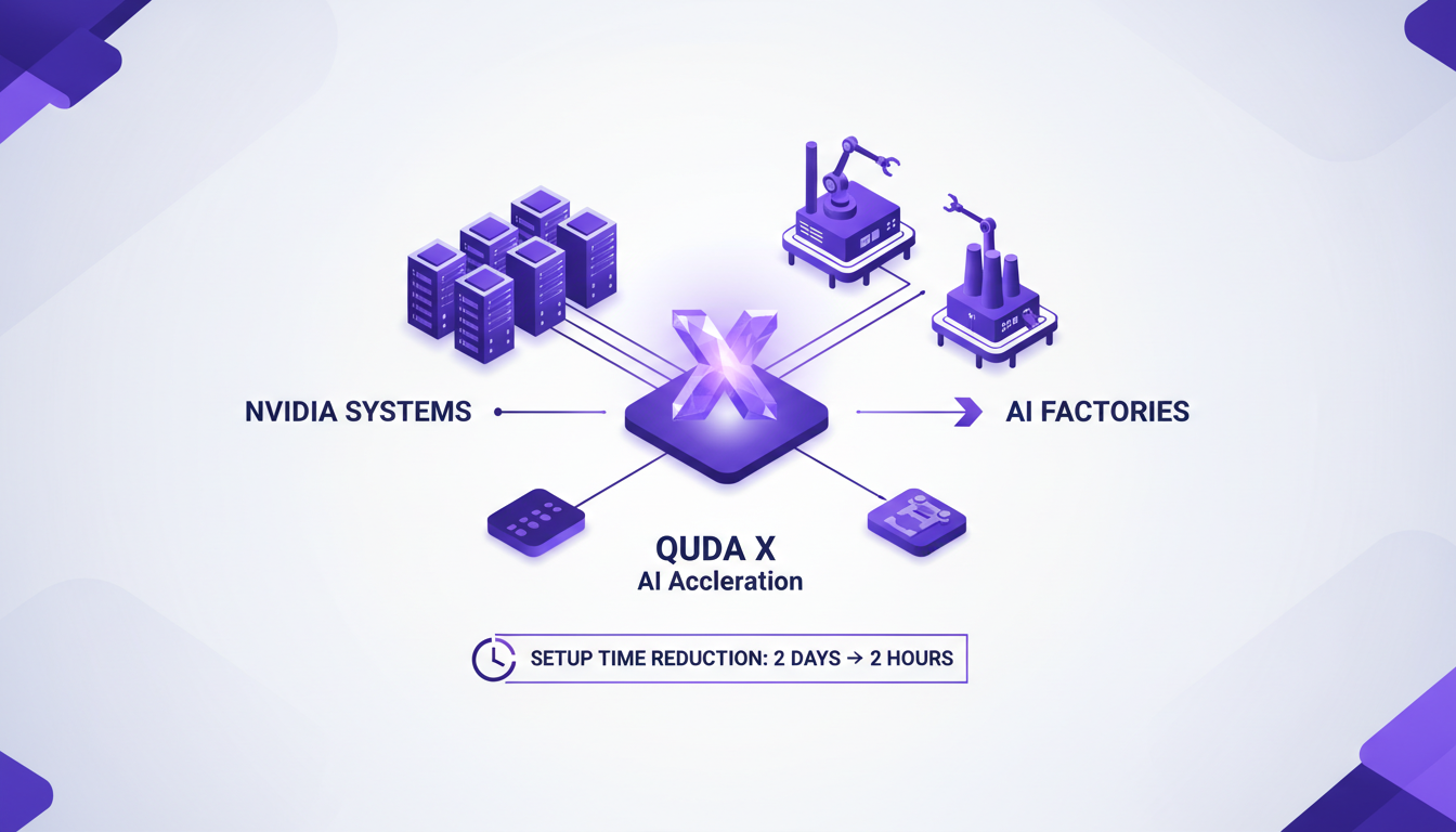 Illustration moderne de NVIDIA QUDA X, systèmes et usines d'IA, montrant l'intégration pour accélérer l'IA avec des formes géométriques et dégradés.