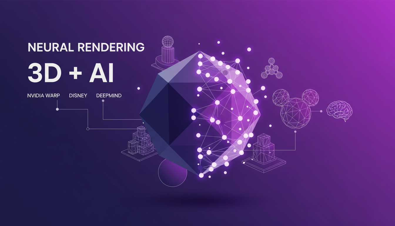Illustration moderne de rendu neural et fusion 3D-AI avec Nvidia Warp, collaboration Disney et Deep Mind, style minimaliste.
