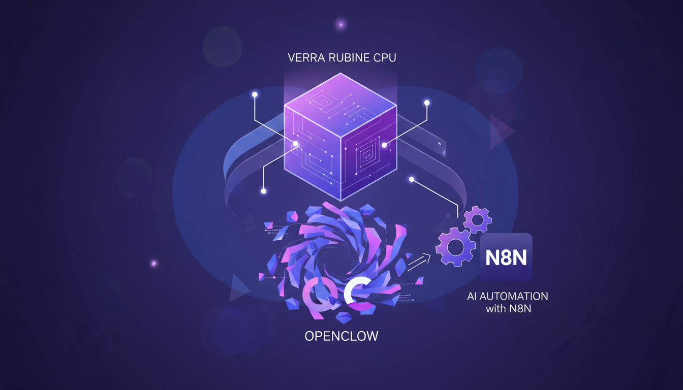 Illustration moderne du CPU Verra Rubine avec OpenClow et automatisation AI via N8N, utilisant des dégradés indigo et violet.