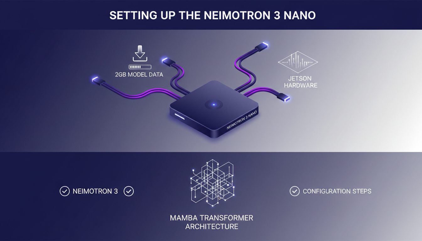 Modern illustration of Neimotron 3 Nano setup with Jetson hardware, Mamba Transformer architecture, indigo and violet palette.
