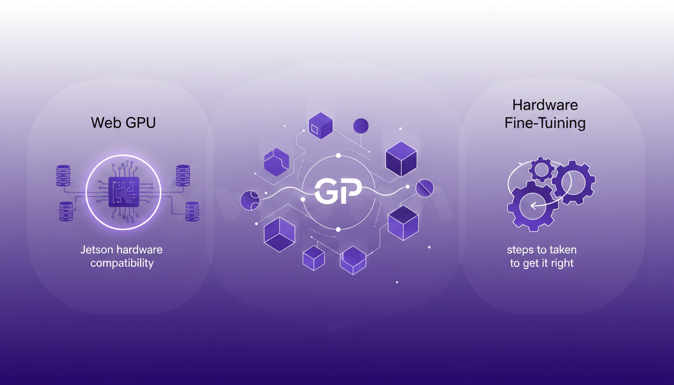 Modern illustration of Web GPU and Jetson hardware compatibility, featuring geometric shapes, soft shadows, and violet gradients.