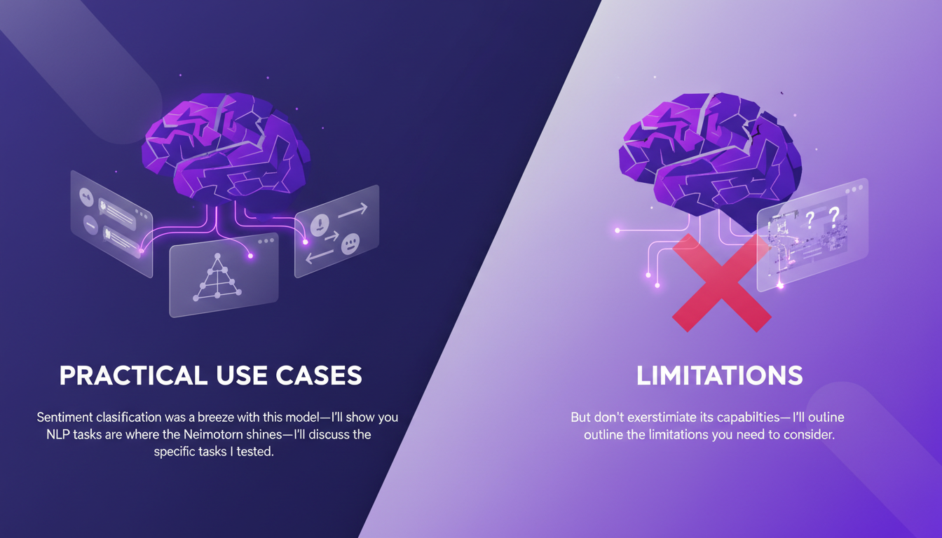 Modern illustration of AI use cases and limitations with geometric shapes and violet gradients, symbolizing sentiment classification.