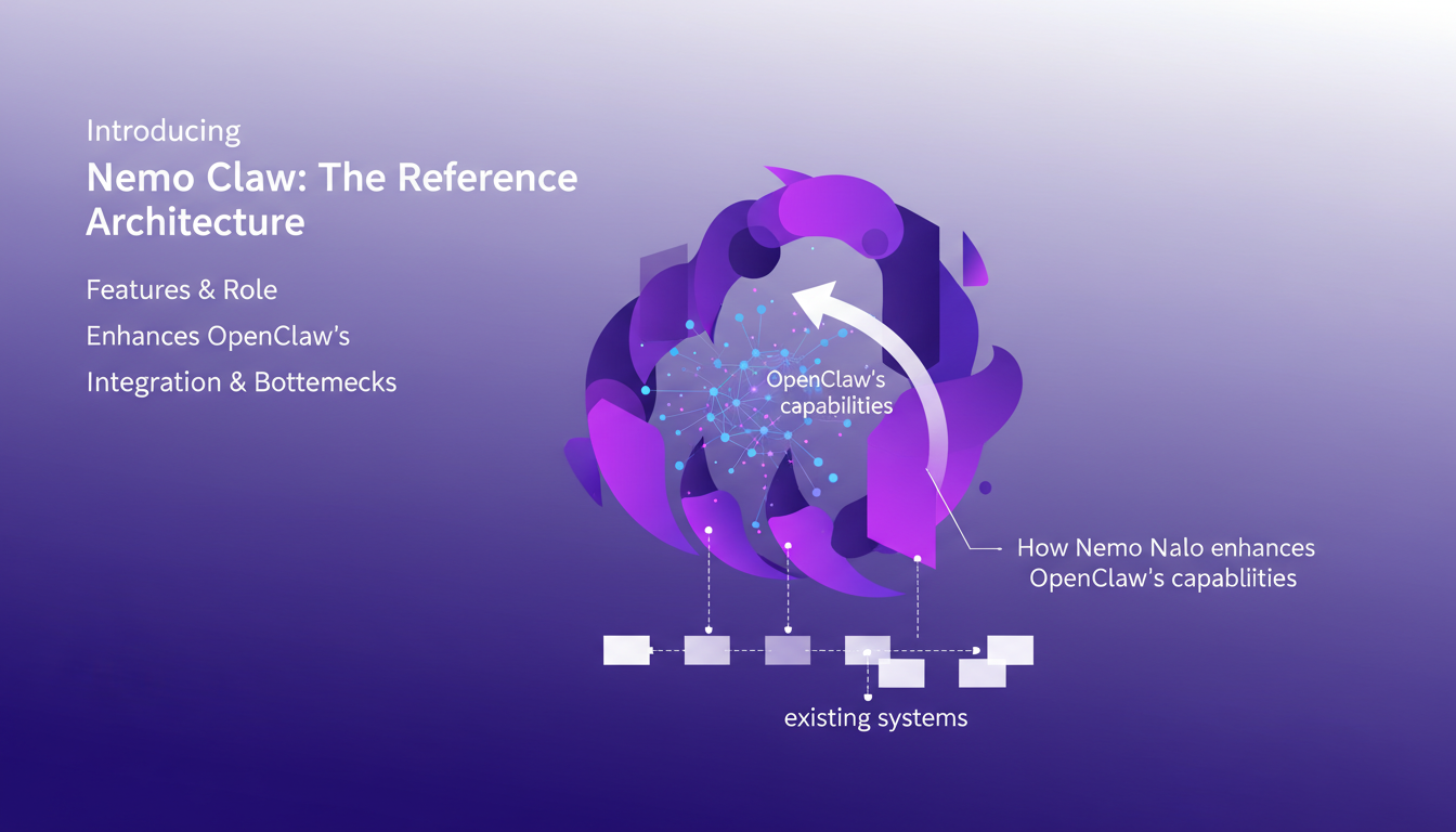 Modern minimalist illustration of Nemo Claw reference architecture, AI integration with OpenClaw, geometric shapes in indigo and violet hues.