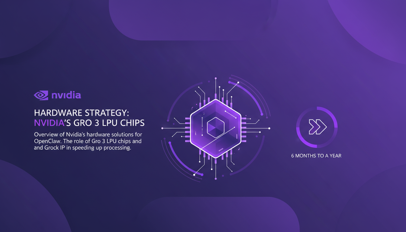 Modern illustration of Nvidia's Gro 3 LPU chips, hardware strategy to speed processing, using deep indigo and violet colors.