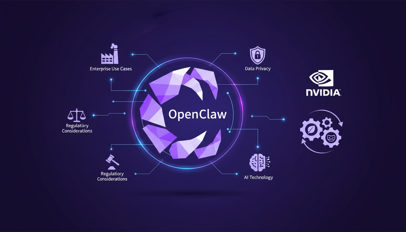 Modern illustration of enterprise applications and data privacy with OpenClaw and Nvidia, minimalist style, deep indigo and violet hues.