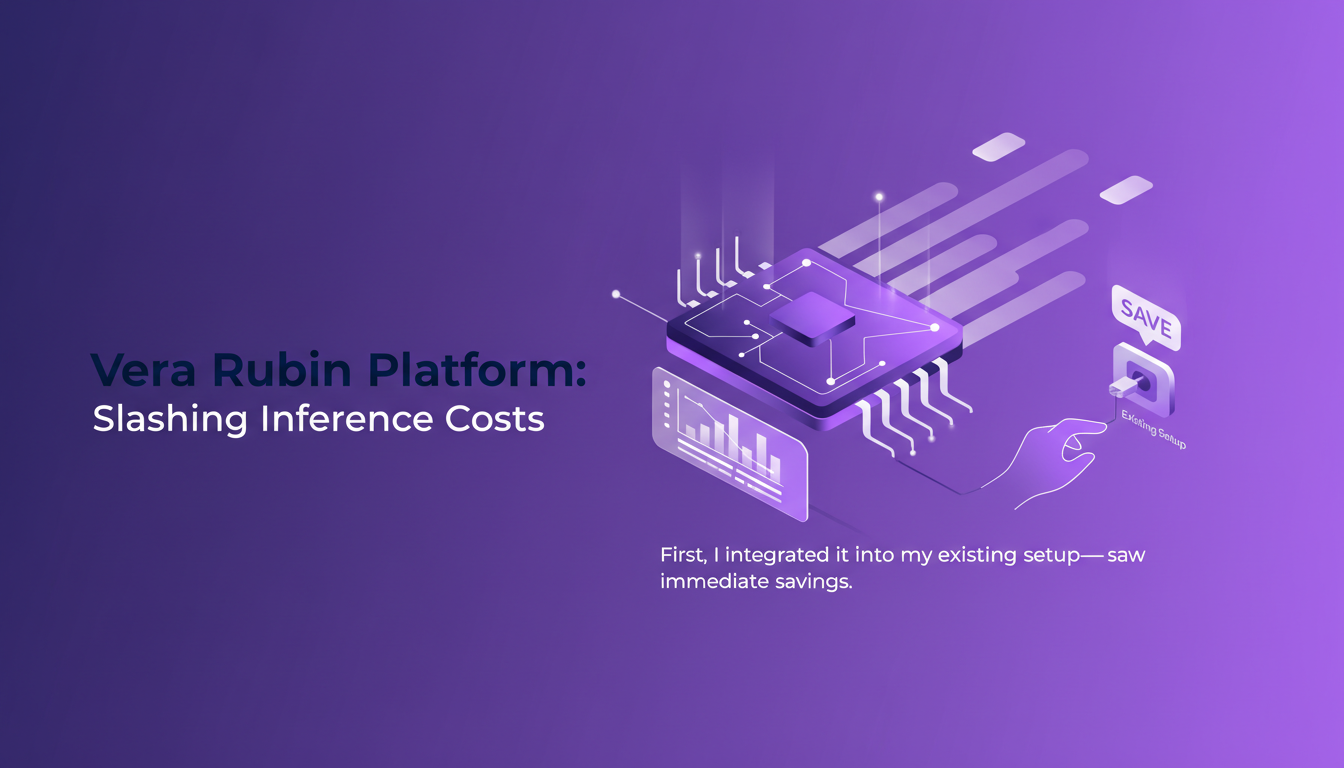 Illustration moderne du Vera Rubin Platform, réduisant les coûts d'inférence avec des formes géométriques et dégradés violets.