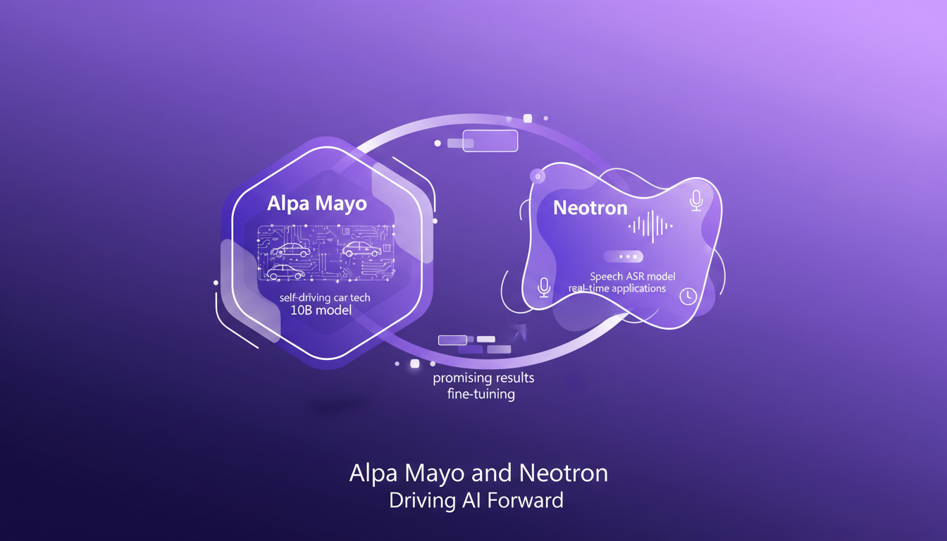 Illustration moderne d'Alpa Mayo et Neotron, soulignant l'innovation dans l'IA pour les voitures autonomes et la reconnaissance vocale.